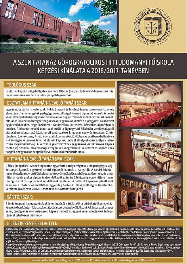 A Szent Atanáz Görögkatolikus Hittudományi Főiskola képzési kínálata a 2016/17-es tanévre