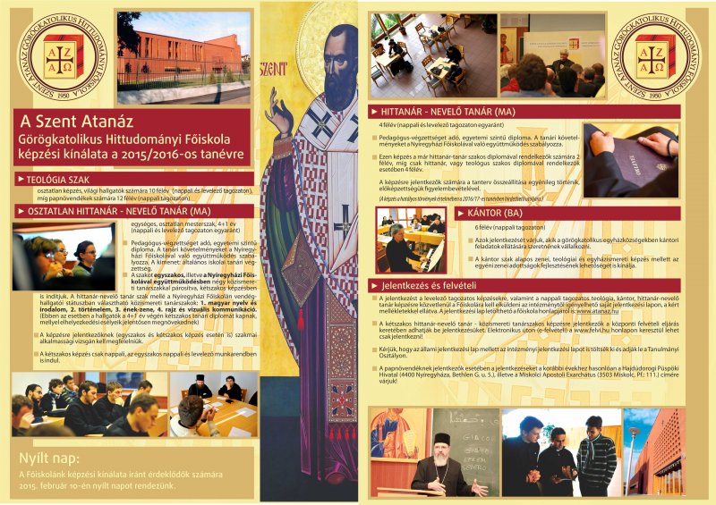 A Szent Atanáz Görögkatolikus Hittudományi Főiskola képzési kínálata a 2015/16-os tanévre