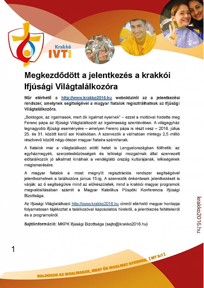 Elindult a jelentkezés a krakkói Ifjúsági Világtalálkozóra