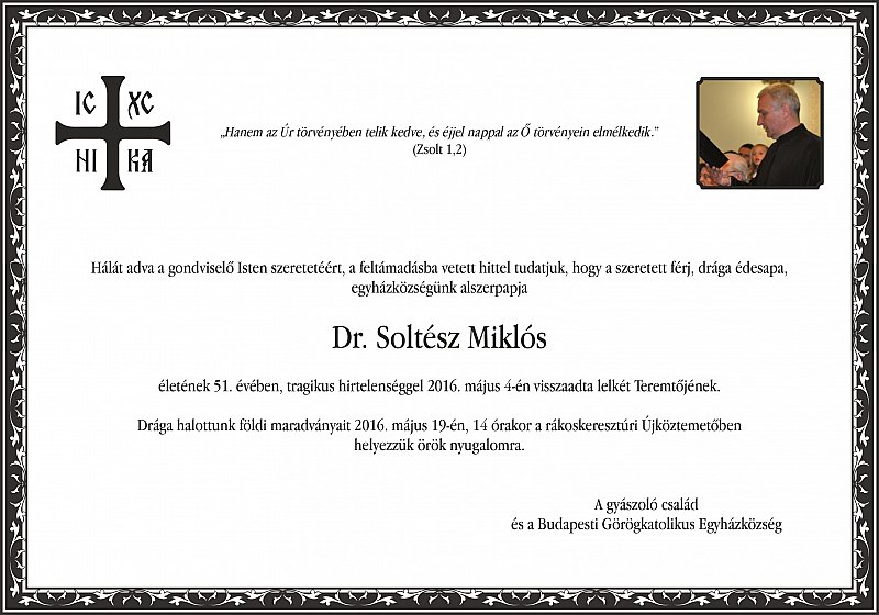 Gyászjelentés - Dr. Soltész Miklós 